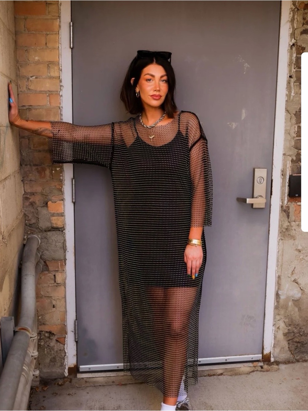 Dressed in LALA Mirrorball Mesh Dress + Slip (Black) S/M NWT